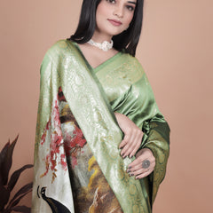 Elegant Green Silk Saree with Peacock Design and Golden Border