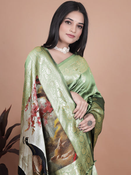 Elegant Green Silk Saree with Peacock Design and Golden Border