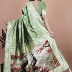 Elegant Green Silk Saree with Peacock Design and Golden Border