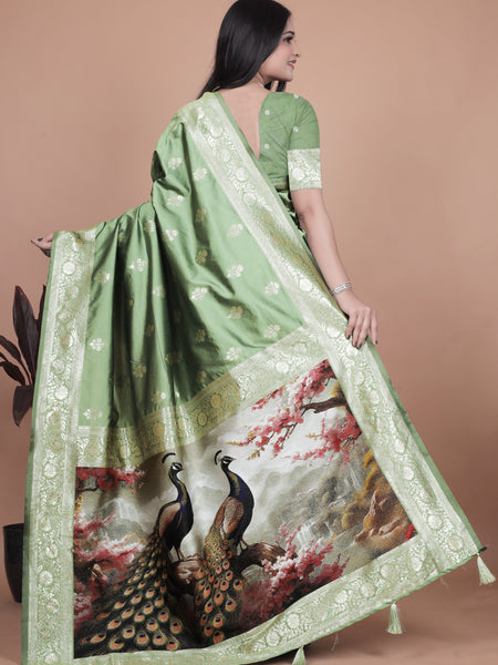 Elegant Green Silk Saree with Peacock Design and Golden Border
