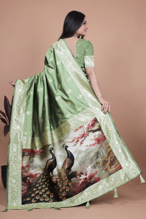 Elegant Green Silk Saree with Peacock Design and Golden Border