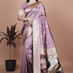 Traditional Lilac Silk Saree with Intricate Golden Border and Peacock Embroidery