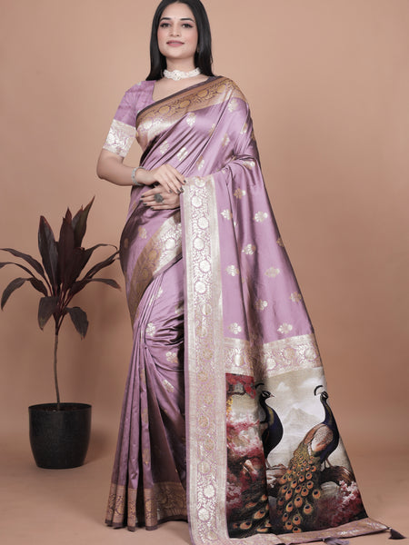 Traditional Lilac Silk Saree with Intricate Golden Border and Peacock Embroidery