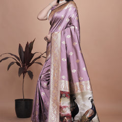 Traditional Lilac Silk Saree with Intricate Golden Border and Peacock Embroidery