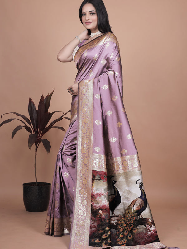 Traditional Lilac Silk Saree with Intricate Golden Border and Peacock Embroidery