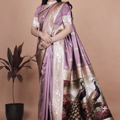 Traditional Lilac Silk Saree with Intricate Golden Border and Peacock Embroidery