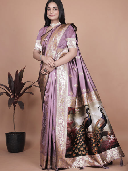 Traditional Lilac Silk Saree with Intricate Golden Border and Peacock Embroidery