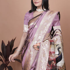 Traditional Lilac Silk Saree with Intricate Golden Border and Peacock Embroidery