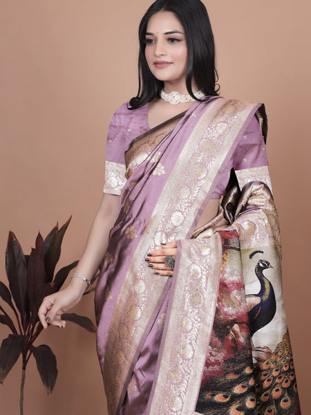 Traditional Lilac Silk Saree with Intricate Golden Border and Peacock Embroidery