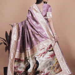 Traditional Lilac Silk Saree with Intricate Golden Border and Peacock Embroidery