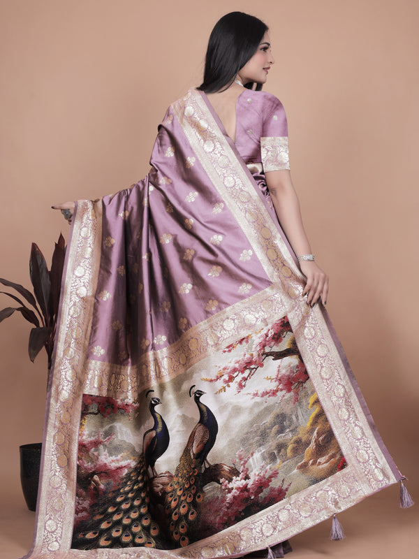 Traditional Lilac Silk Saree with Intricate Golden Border and Peacock Embroidery