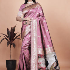 Graceful Lilac Saree with Intricate Golden Border and Peacock Art