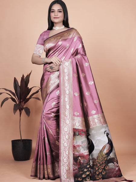 Graceful Lilac Saree with Intricate Golden Border and Peacock Art