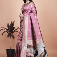 Graceful Lilac Saree with Intricate Golden Border and Peacock Art