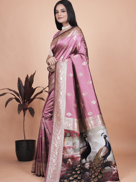 Graceful Lilac Saree with Intricate Golden Border and Peacock Art