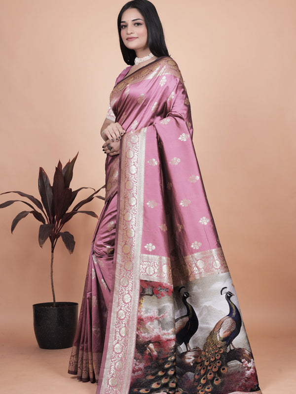 Graceful Lilac Saree with Intricate Golden Border and Peacock Art