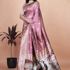 Graceful Lilac Saree with Intricate Golden Border and Peacock Art