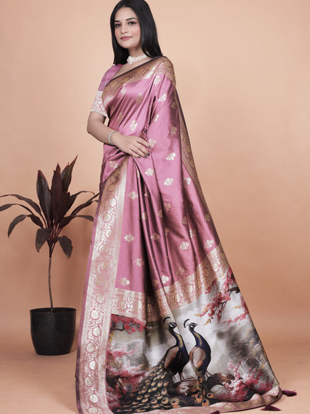 Graceful Lilac Saree with Intricate Golden Border and Peacock Art