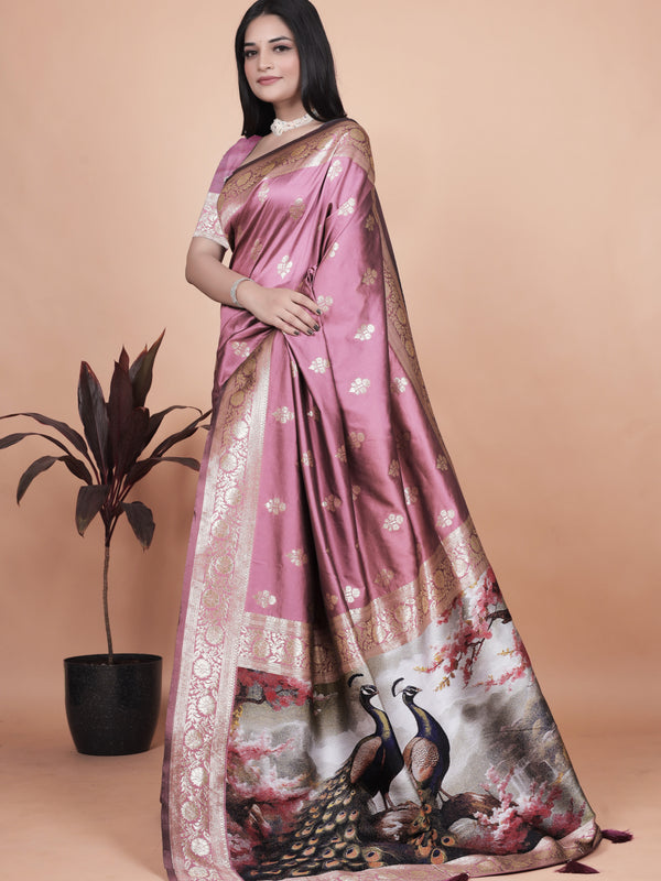 Graceful Lilac Saree with Intricate Golden Border and Peacock Art