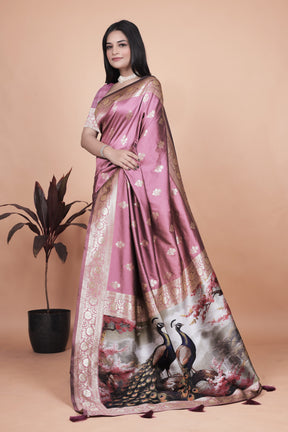 Graceful Lilac Saree with Intricate Golden Border and Peacock Art