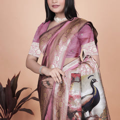 Graceful Lilac Saree with Intricate Golden Border and Peacock Art
