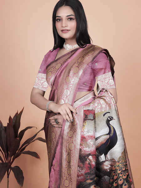 Graceful Lilac Saree with Intricate Golden Border and Peacock Art