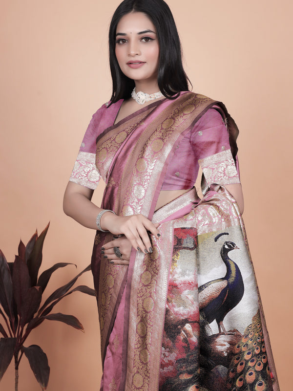 Graceful Lilac Saree with Intricate Golden Border and Peacock Art