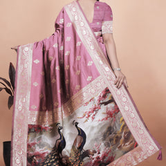 Graceful Lilac Saree with Intricate Golden Border and Peacock Art