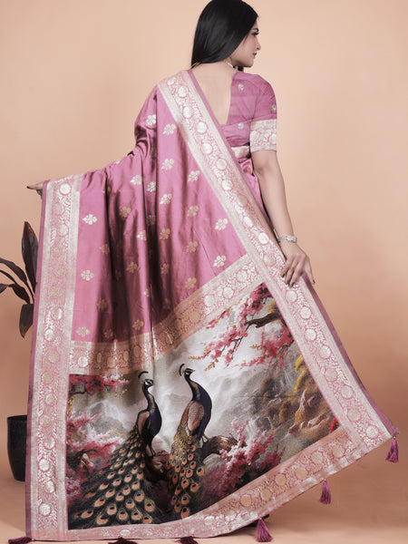 Graceful Lilac Saree with Intricate Golden Border and Peacock Art