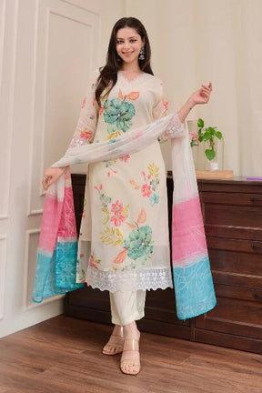 Off-White Floral Kurta Set with Dupatta