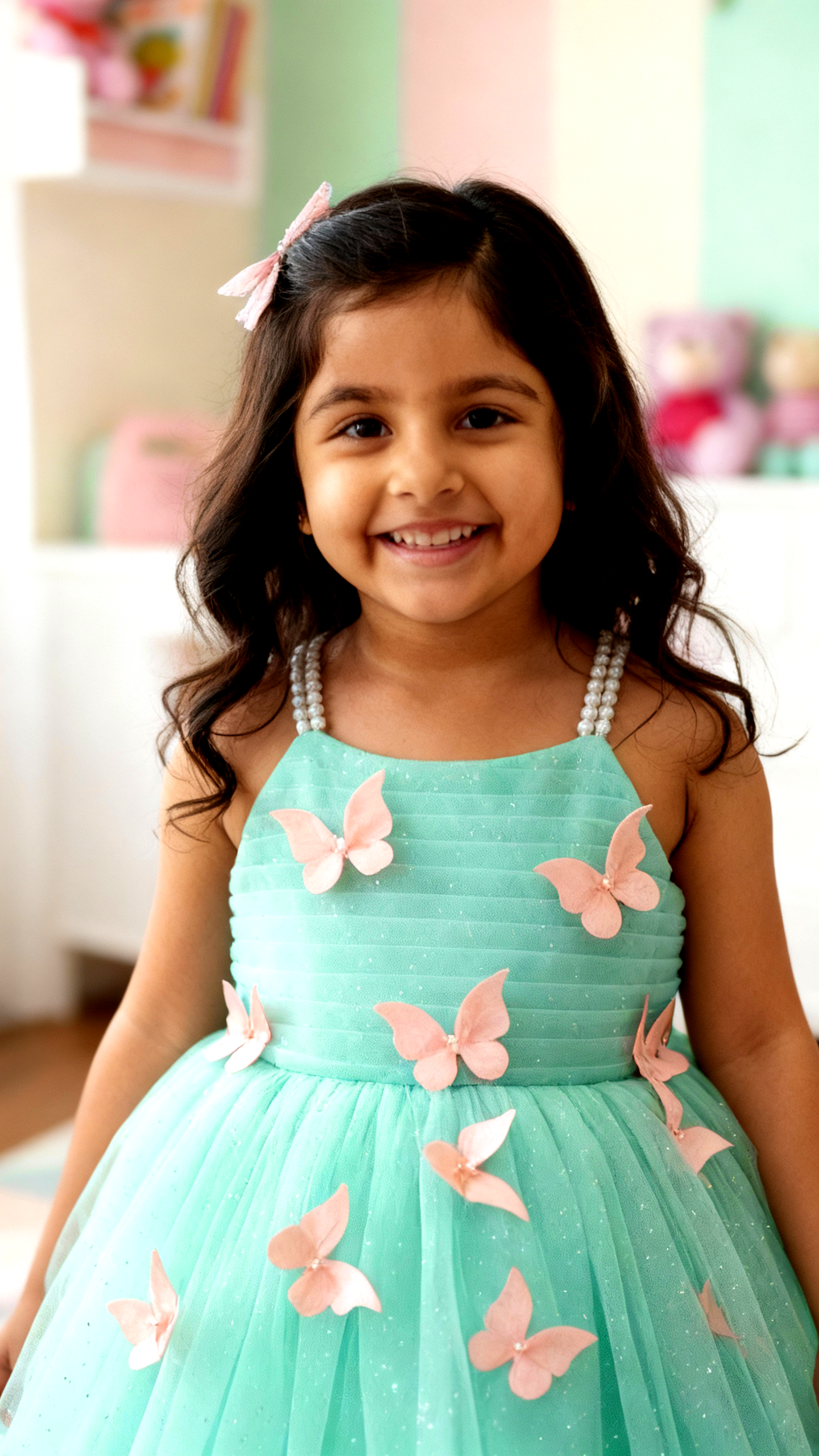 Aqua Green Butterfly Applique Party Dress for Girls with Pearl Straps & Glitter Tulle