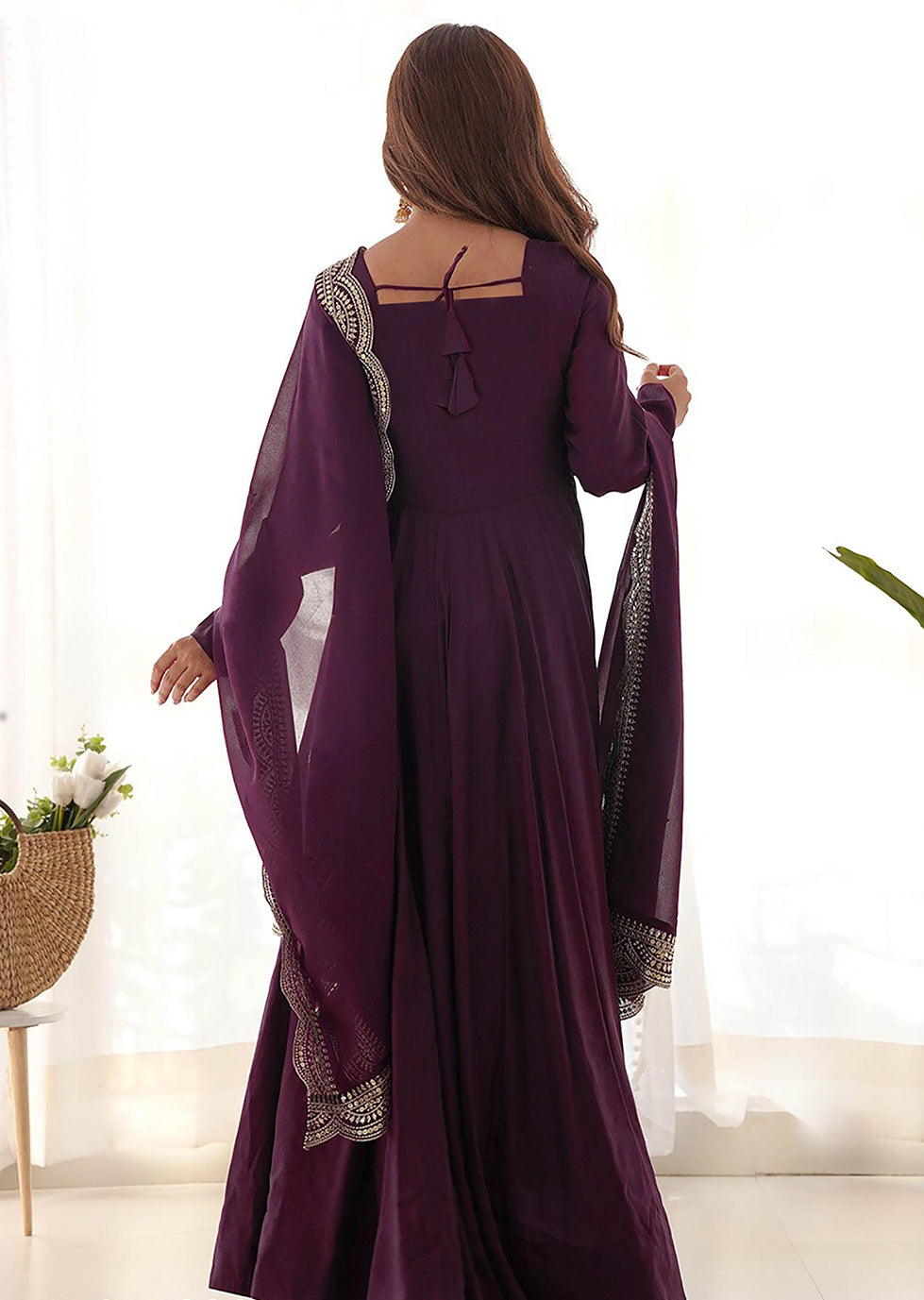 Wine Purple Anarkali Gown with Embroidered Dupatta for Women