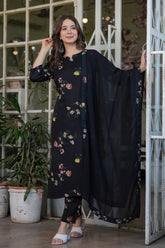 Black Floral Printed Kurta Set with Dupatta for Women