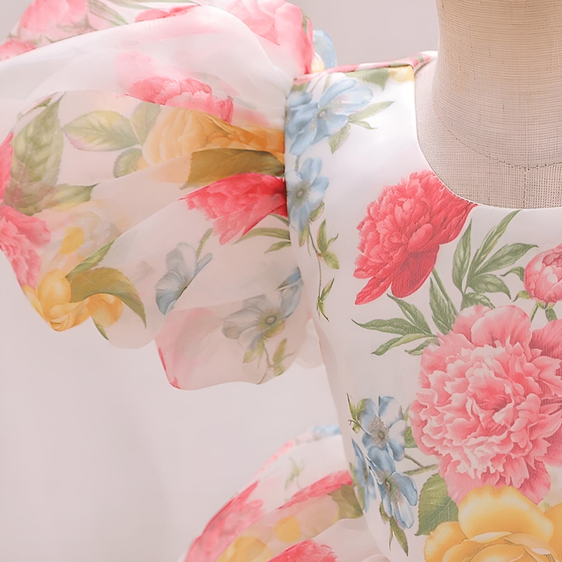 Yellow And White Floral Print Puff Sleeve Baby Frock