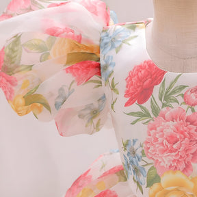 Yellow And White Floral Print Puff Sleeve Baby Frock