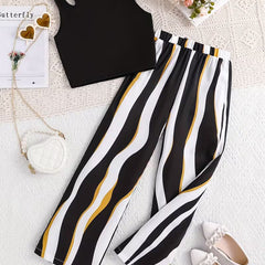 Girls Black Ribbed Sleeveless Crop Top & Striped Wide Leg Pants Set