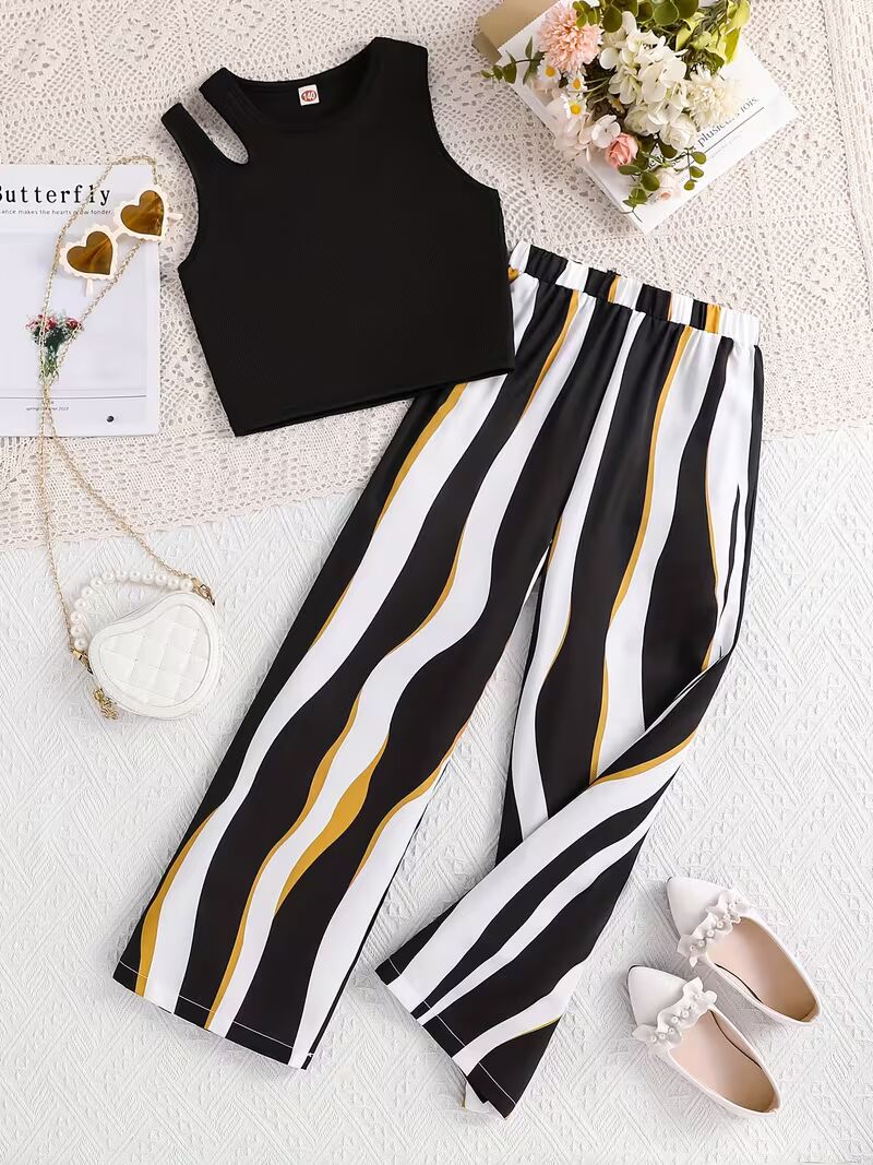 Girls Black Ribbed Sleeveless Crop Top & Striped Wide Leg Pants Set