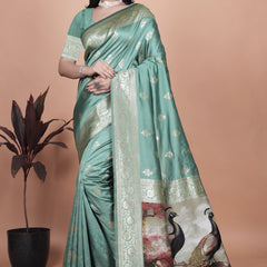 Premium Green Banarasi Saree with Embroidered Peacock Motif