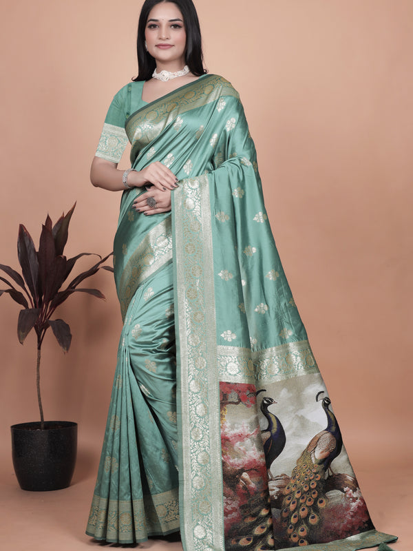 Premium Green Banarasi Saree with Embroidered Peacock Motif