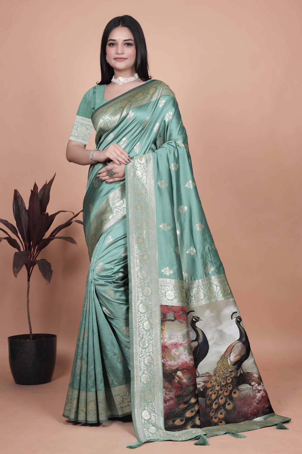 Premium Green Banarasi Saree with Embroidered Peacock Motif