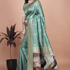Premium Green Banarasi Saree with Embroidered Peacock Motif