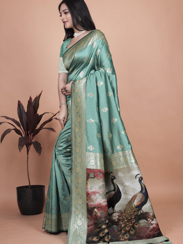 Premium Green Banarasi Saree with Embroidered Peacock Motif