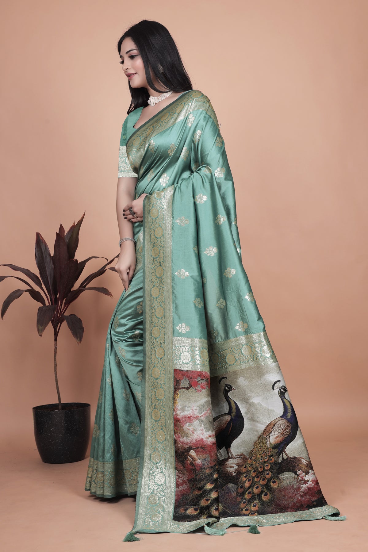 Premium Green Banarasi Saree with Embroidered Peacock Motif