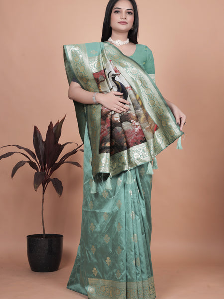 Premium Green Banarasi Saree with Embroidered Peacock Motif