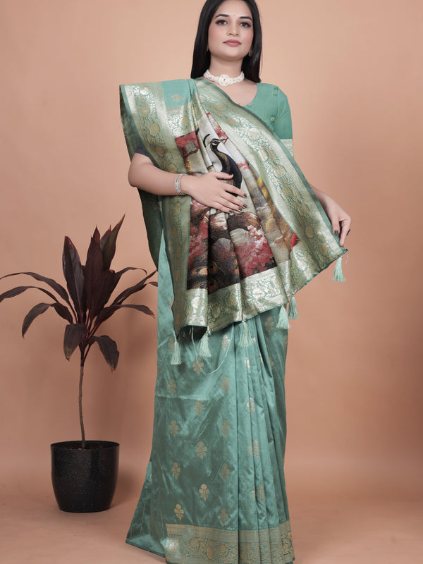 Premium Green Banarasi Saree with Embroidered Peacock Motif