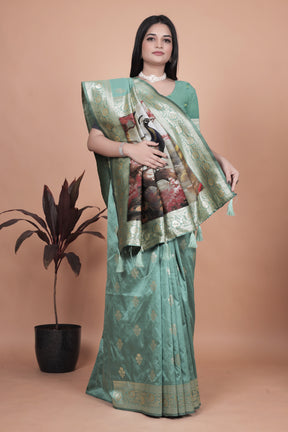 Premium Green Banarasi Saree with Embroidered Peacock Motif
