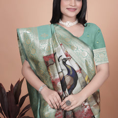 Premium Green Banarasi Saree with Embroidered Peacock Motif