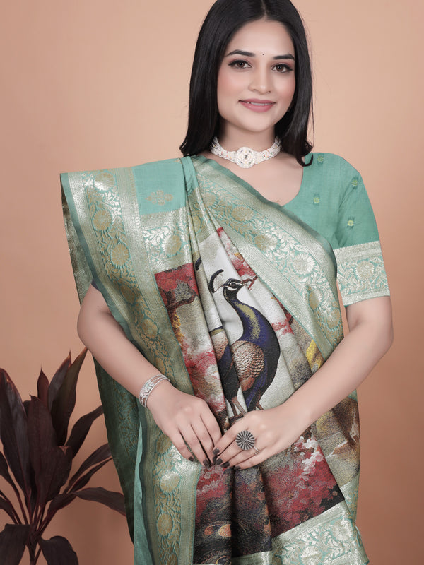Premium Green Banarasi Saree with Embroidered Peacock Motif