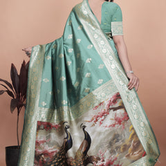 Premium Green Banarasi Saree with Embroidered Peacock Motif