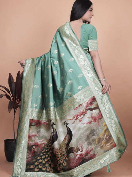 Premium Green Banarasi Saree with Embroidered Peacock Motif